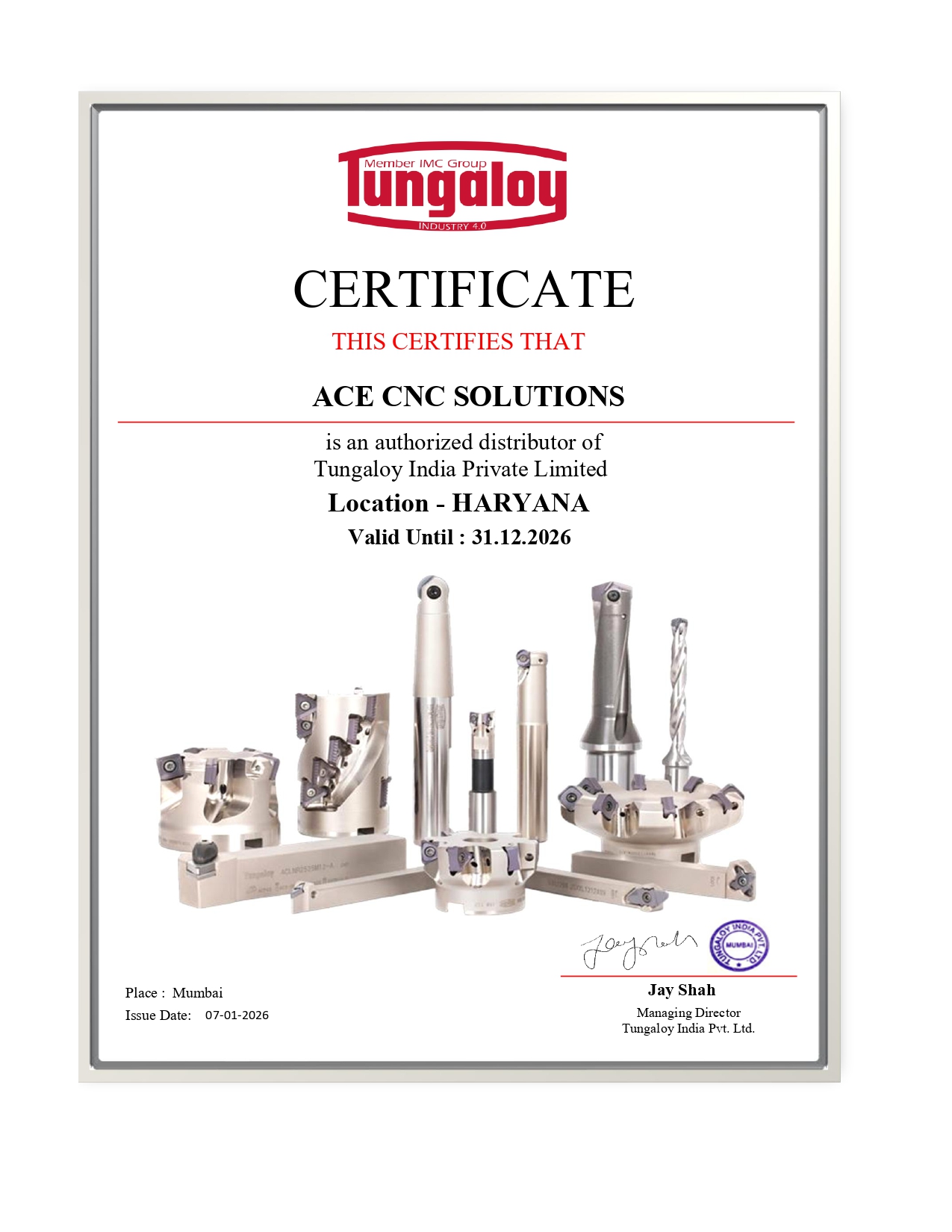 Ace CNC Solutions Certificate 1