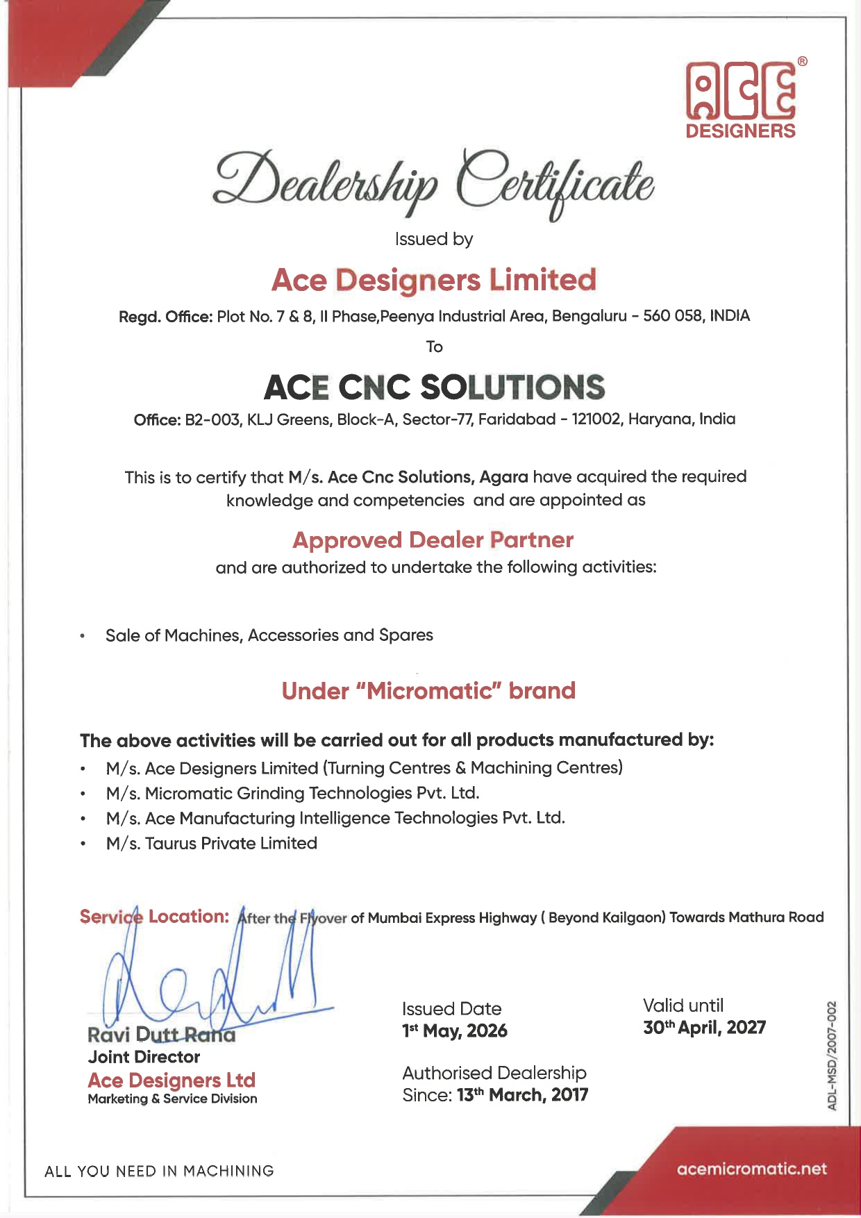 Ace CNC Solutions Certificate 2